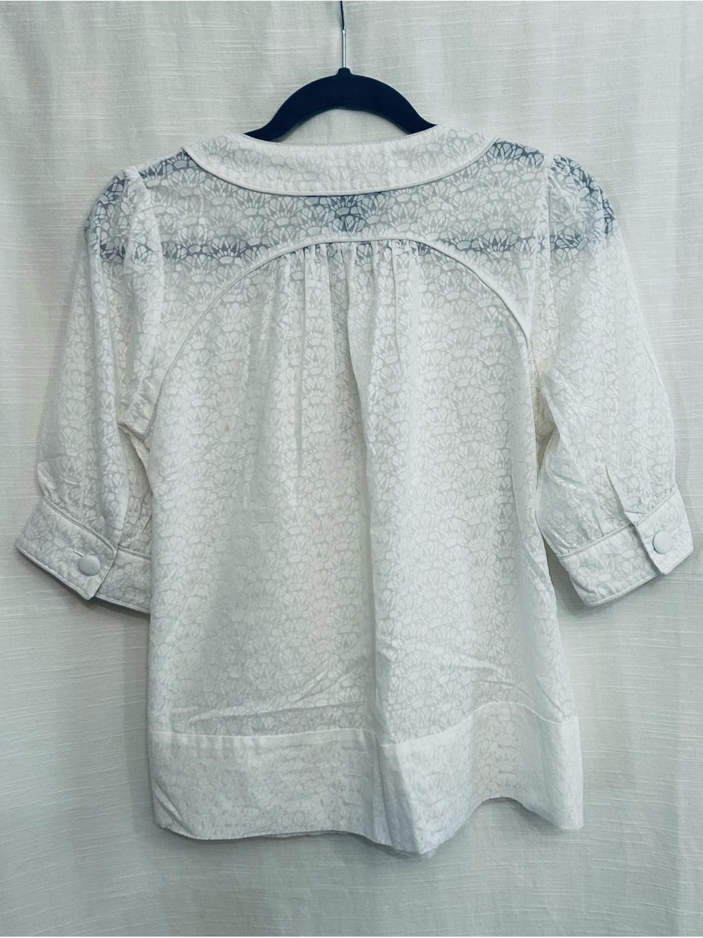 French Connection White Lace-Textured Women's Top with Yoke and Covered Buttons - Picture 7 of 8